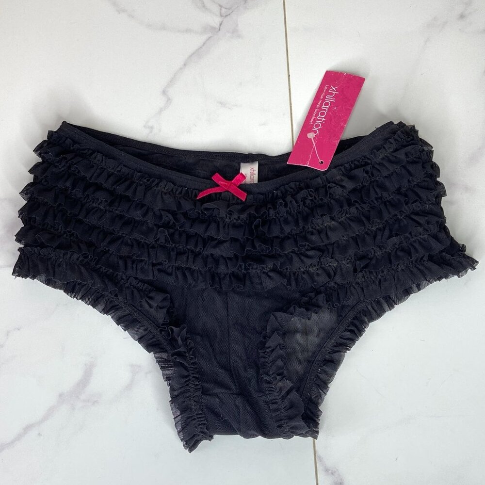Vtg 2000s XHILARATION Black Micromesh Lace Ruffled Tiered Frilly Panties S NWT